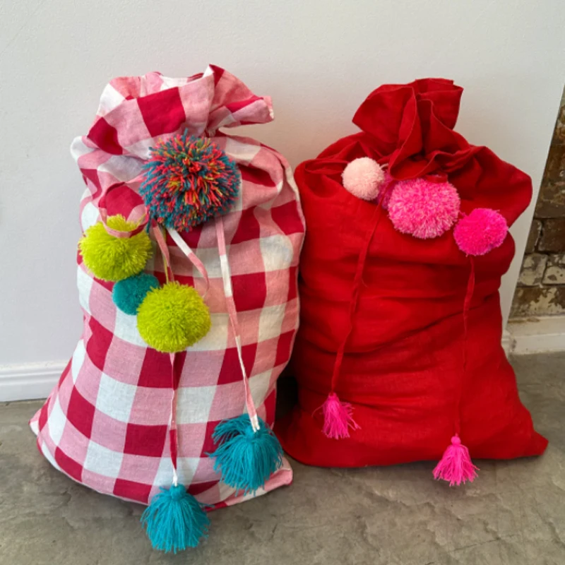 Gingham Santa Sack With Pom Pom Drawstring Large Christmas Sack Wholesale Christmas Gift Bags