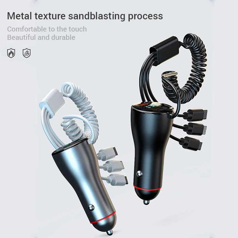 Type C QC 3.0 Quick Car Charger With 3 in 1 USB Cable Cigarette Lighter For iPhone Samsung USB Type C Fast Phone Charger