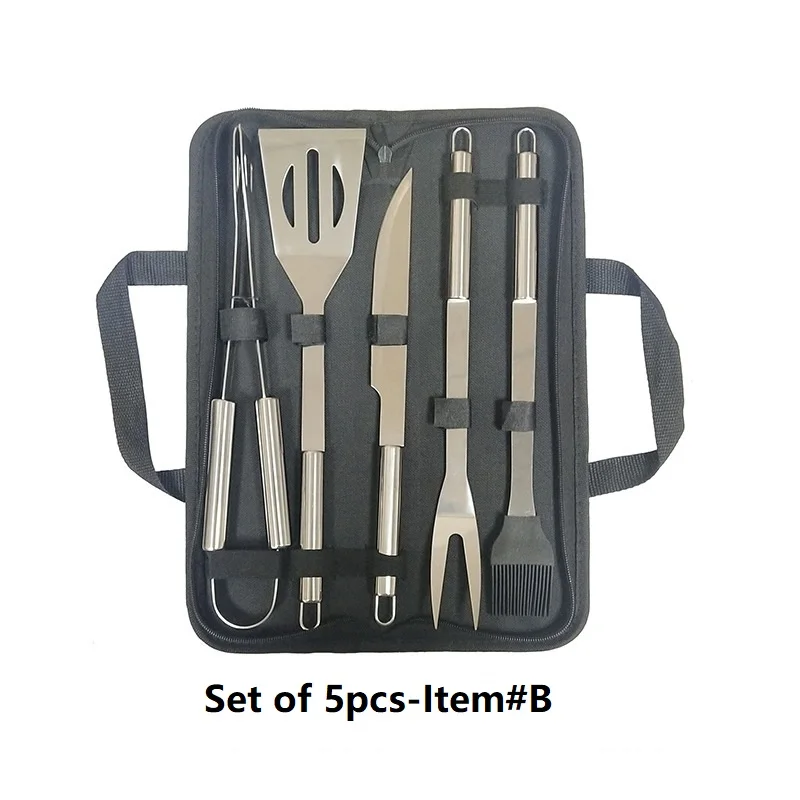BBQ Grill Tools Set with Spatula Fork Tongs and Cleaning Brush for Complete Barbecue Accessories Kit with Portable Bag
