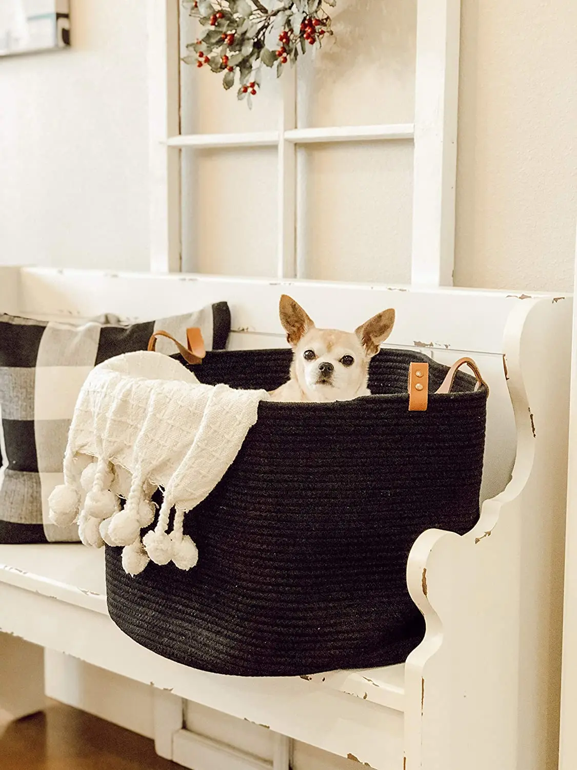 Decorative Floor Basket for Living Room with Genuine Leather Handles Black Extra Large Woven Cotton Rope Blanket Storage Basket