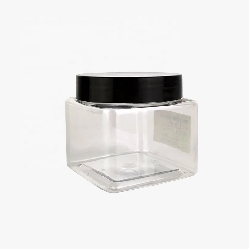
7oz 210ml Clear PET Plastic Square Cosmetic Jar with Black Lid 