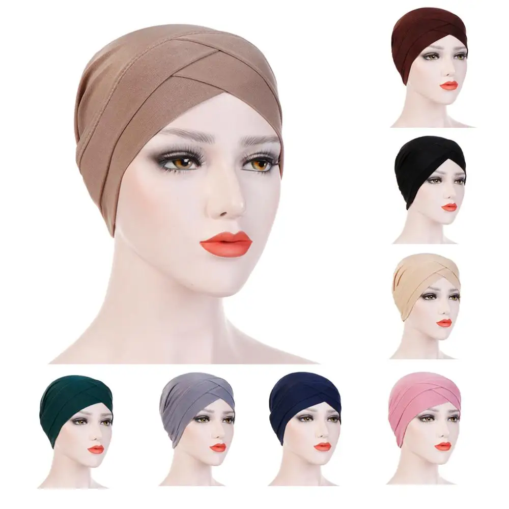 Factory supply  solid color mercerized cotton muslim women underscarf cotton inner hijab cap cross ninja turban