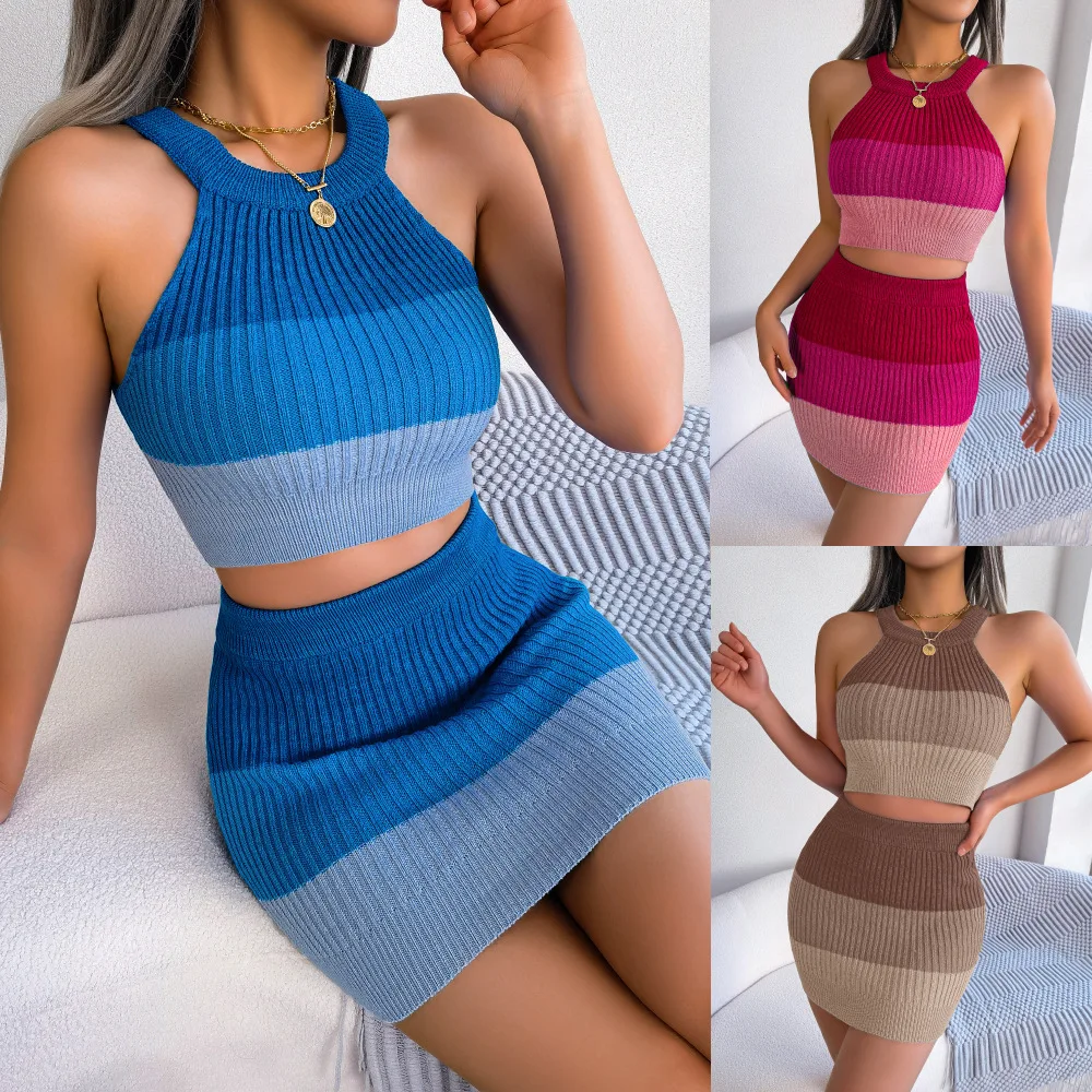 Wholesale Spring And Summer Fashion Women Gradient Color Cropped Top Hip Skirt Suit Two Piece Set