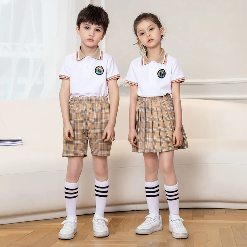 custom kids polo t-shirt plaid skirt shorts high middle primary kindergarten school uniform for kids boys girls