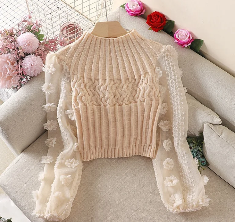 Factory 2021 New Autumn Winter Tight Slim Short Women Sweater Super Fairy Mesh Stitching Puff Long Sleeve Women Sweater