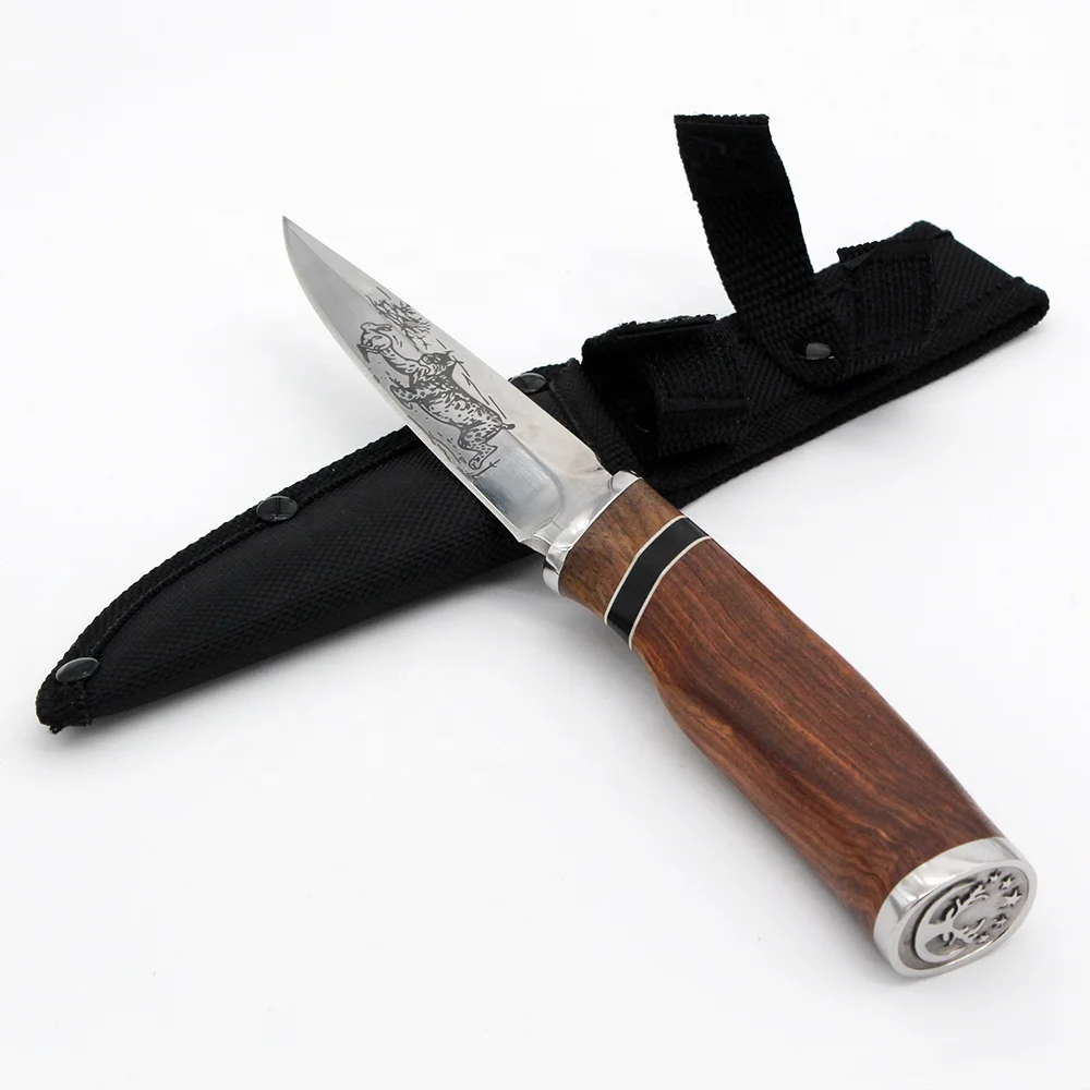 Custom Wooden Handle Fixed Blade Tactical Survival Hunting Knife with Sheath