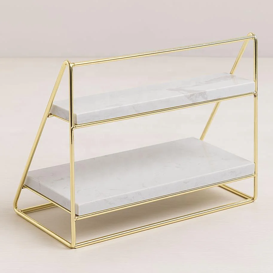 multipurpose 2 Tier Marble shelf display table with Gold Metal for cosmetic display catering hotel restaurant display stand