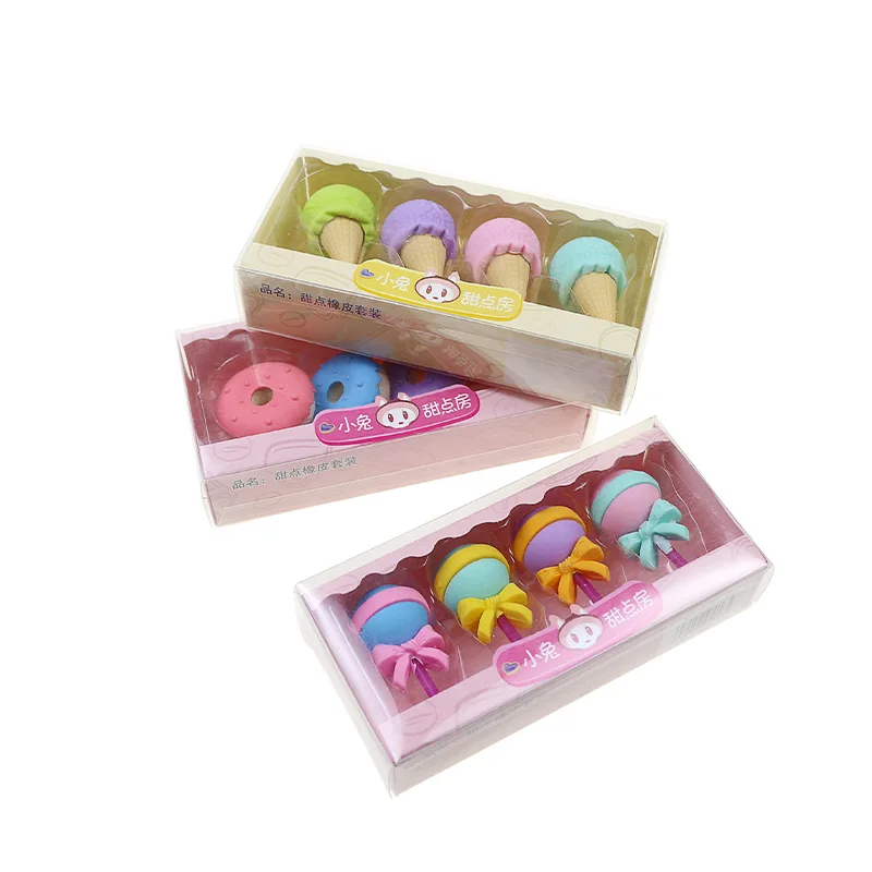 BECOL Wholesale Funny Cute 3D Student Erasers Mini Cartoon Rubber Desserts Candy Lollipop Donuts Shape Eraser Sets for Gift