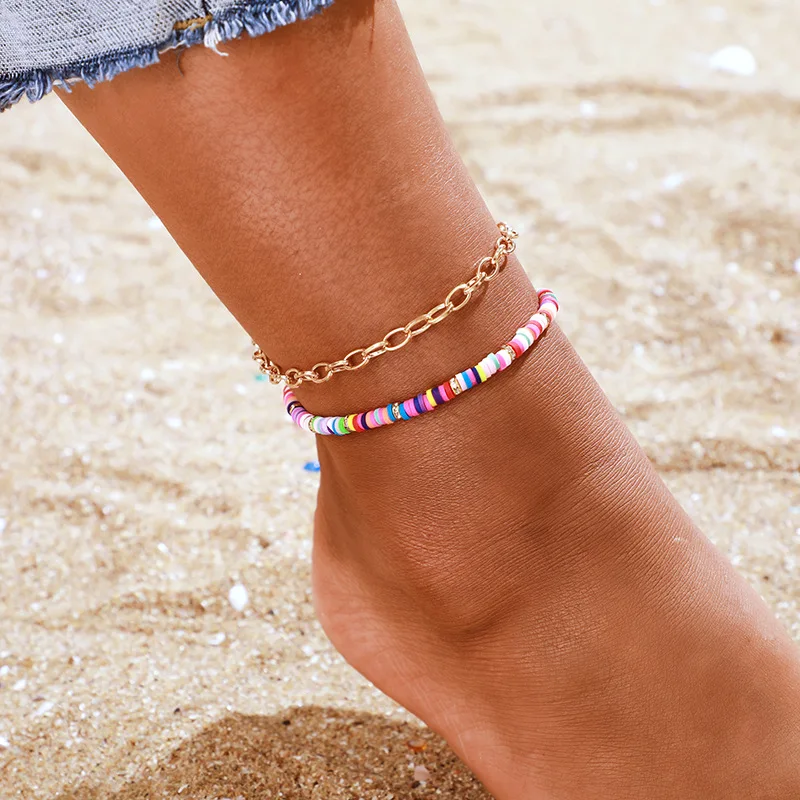 2 Pcs/set New Handmade Polymer Clay Alloy chain Anklet set For Women Boho Colorful Chain Ankle Bracelet Femme