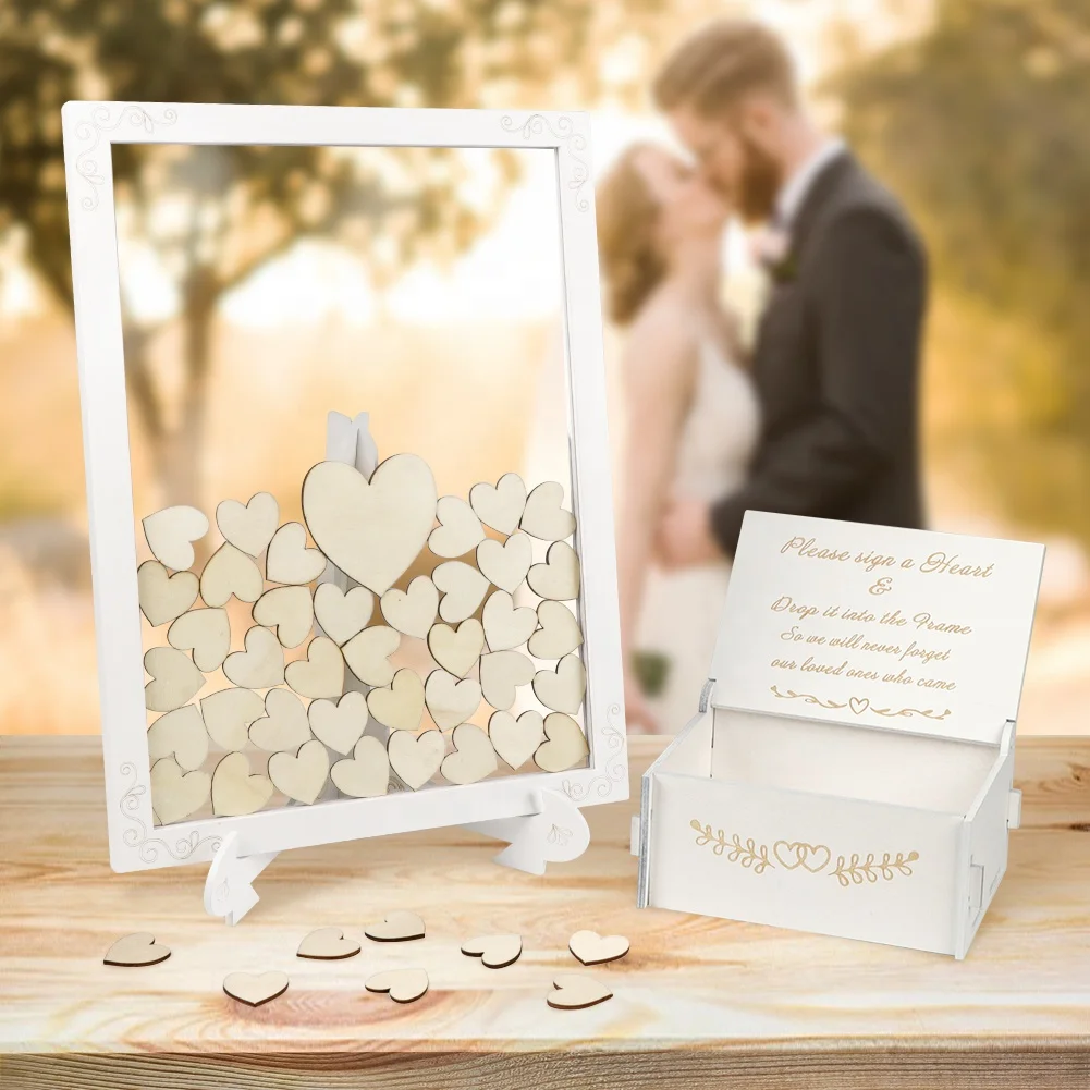 Ourwarm White Wood Rustic Drop Top Box Heart Sign Alternative Wedding Guest Book Frame with Stand