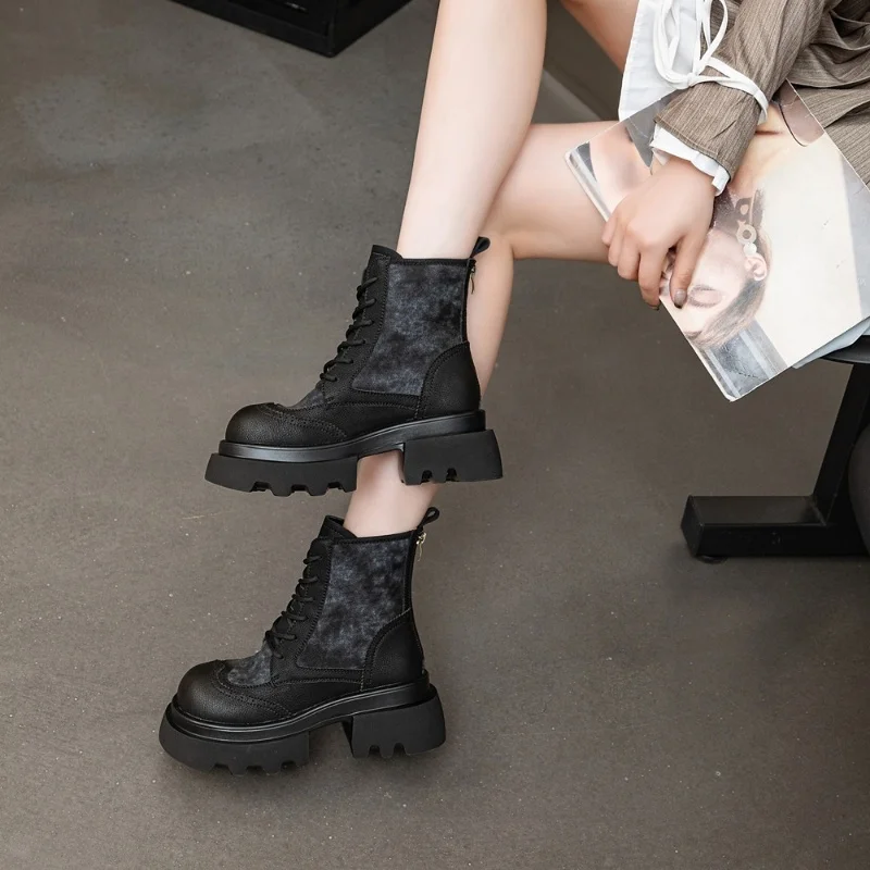 Dropshipping Custom Logo 2024 Winter Genuine Leather Platform Boots Women Shoes Ladies Ankle Bootie Martin Boots for Ladies