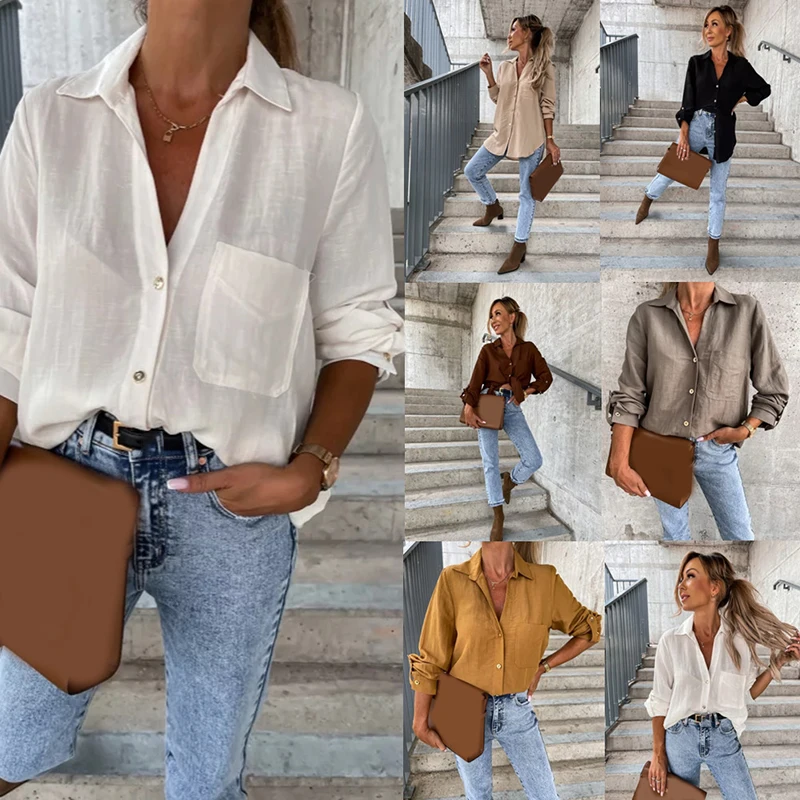 2025 Spring Casual Long Sleeve Loose Fit Button Up Collared Shirts Women