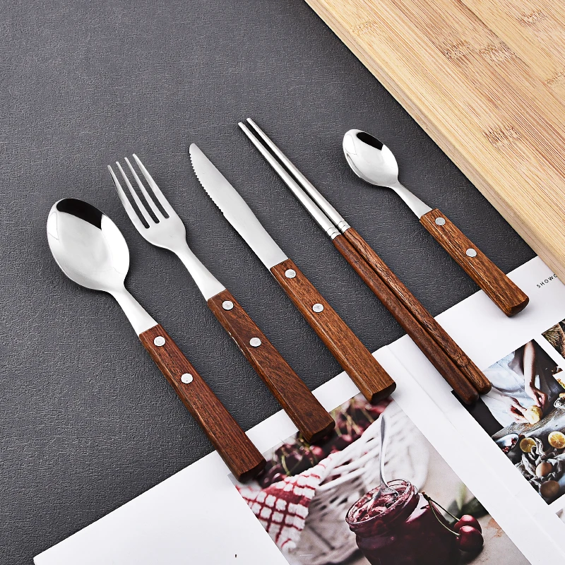 wholesale good chinese cheap spoon fork knife flatware metal stainless steel cutlery set with wooden handle flatware