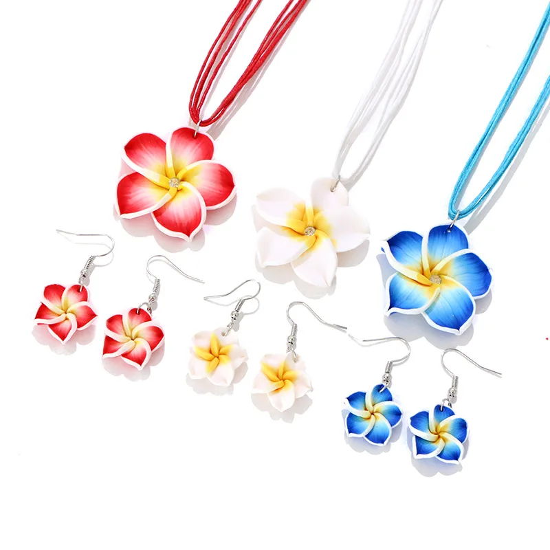 Wholesale Women Girls Bohemian Polymer clay Plumeria Flower Pendant Waxed Cord Necklace Earring Vacation Beach Jewelry Set