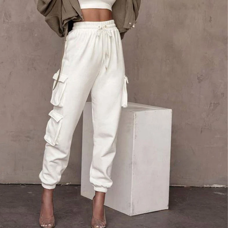 Casual Cotton Sweat Jogger Leggings for Women Plus Size Wide Leg Pants with Colored Wash Street Style Decoration Cargo Pockets