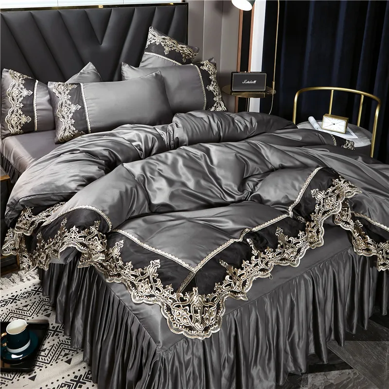 Hot Sale Lace Ice Silk Designers Bed Sheet Sets Bedding Bed Skirt Set Embroidered Duvet Cover