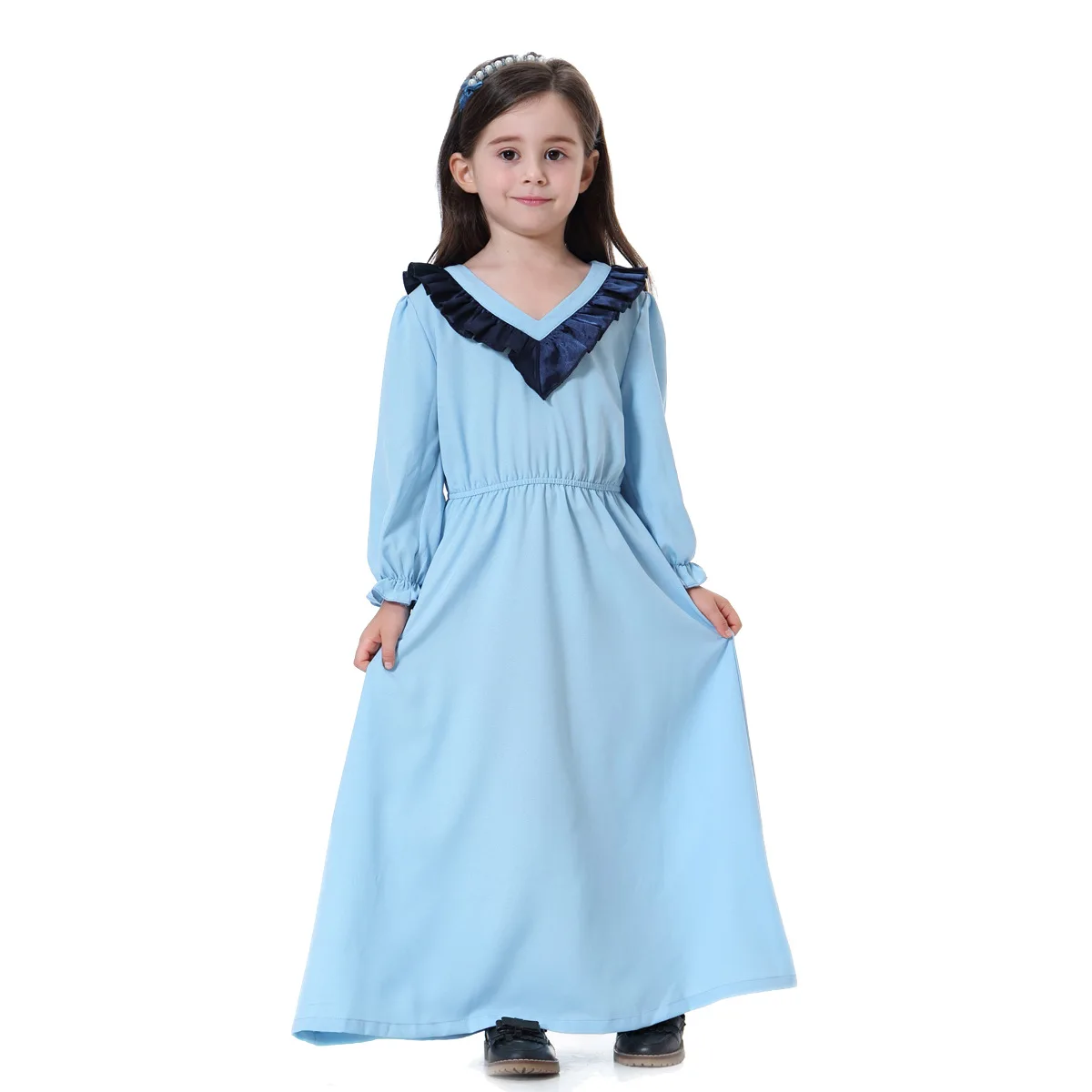 Muslim Kids Fashion Islamic Clothing Children Dress Solid Color V-Neck Arab Long Sleeve Maxi Girls Robe Baby Clothes