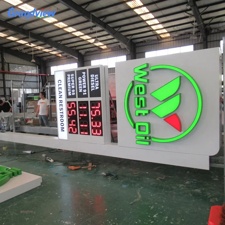 Gas station side filling petrol advertising prime pylon sign with digit fuel price board