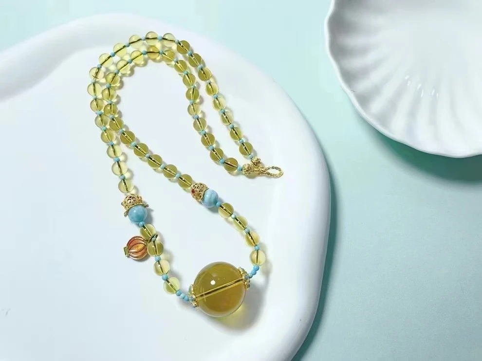 MEDBOO Fine Jewelry Factory Real Romantic 6mm Polished Round Smooth DIY Natural Crystal Blue Amber Bead Pendant Jewellery