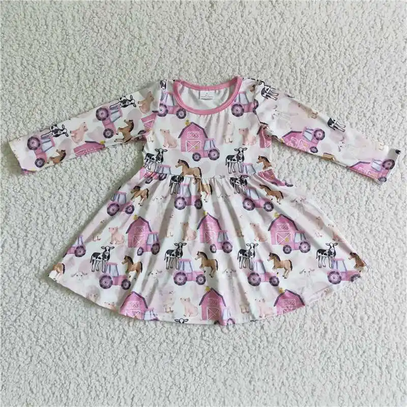 RTS New Arrivals Wholesale Clothing Kids Short Sleeve White Pink Horses House Dresses Baby Kids Print Dress Children Daily Wear
