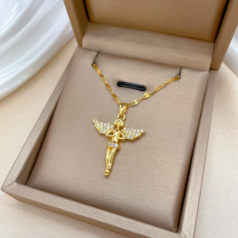 Gold Chain Necklaces Pray Angel Wing with Cubic Zircon Charm Necklace Jewelry Exquisite Gold Plated Cute Necklace For Woman