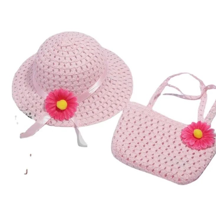 Соломенная шляпа и сумочка в форме подсолнуха для детей, милая пляжная Панама от солнца и Сумка-тоут, комплект, летняя