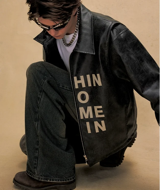 Custom Design Letter Patch Embroidered Short Loose PU Leather Motorcycle Jacket Cool Men Coats Outerwear