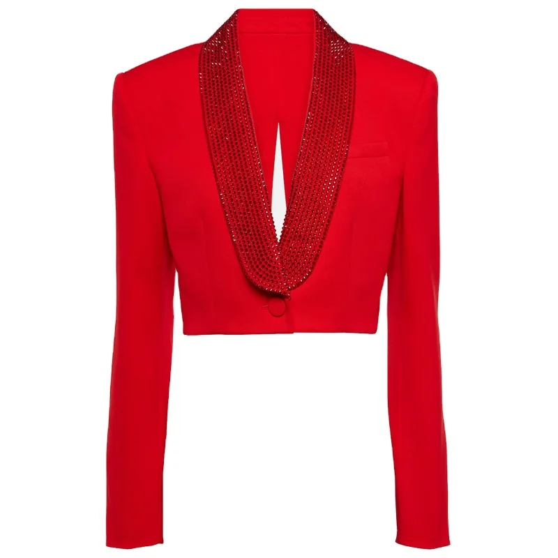 OEM Long Sleeve Shawl Lapel Crystal-embellished Cropped Wool Blazer Women