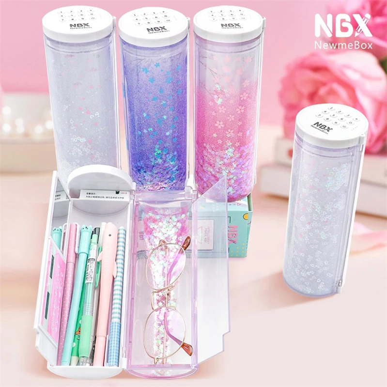 NBX Cartoon  Kawaii password Pencil Case with Calculator  Mirror for kids Plastic stationery magnetic Pencil Box