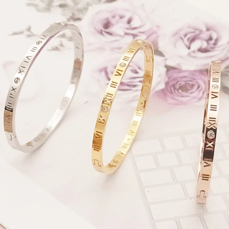 Hot sale fashion multi color rose gold plated stainless steel Rome digital women bangles