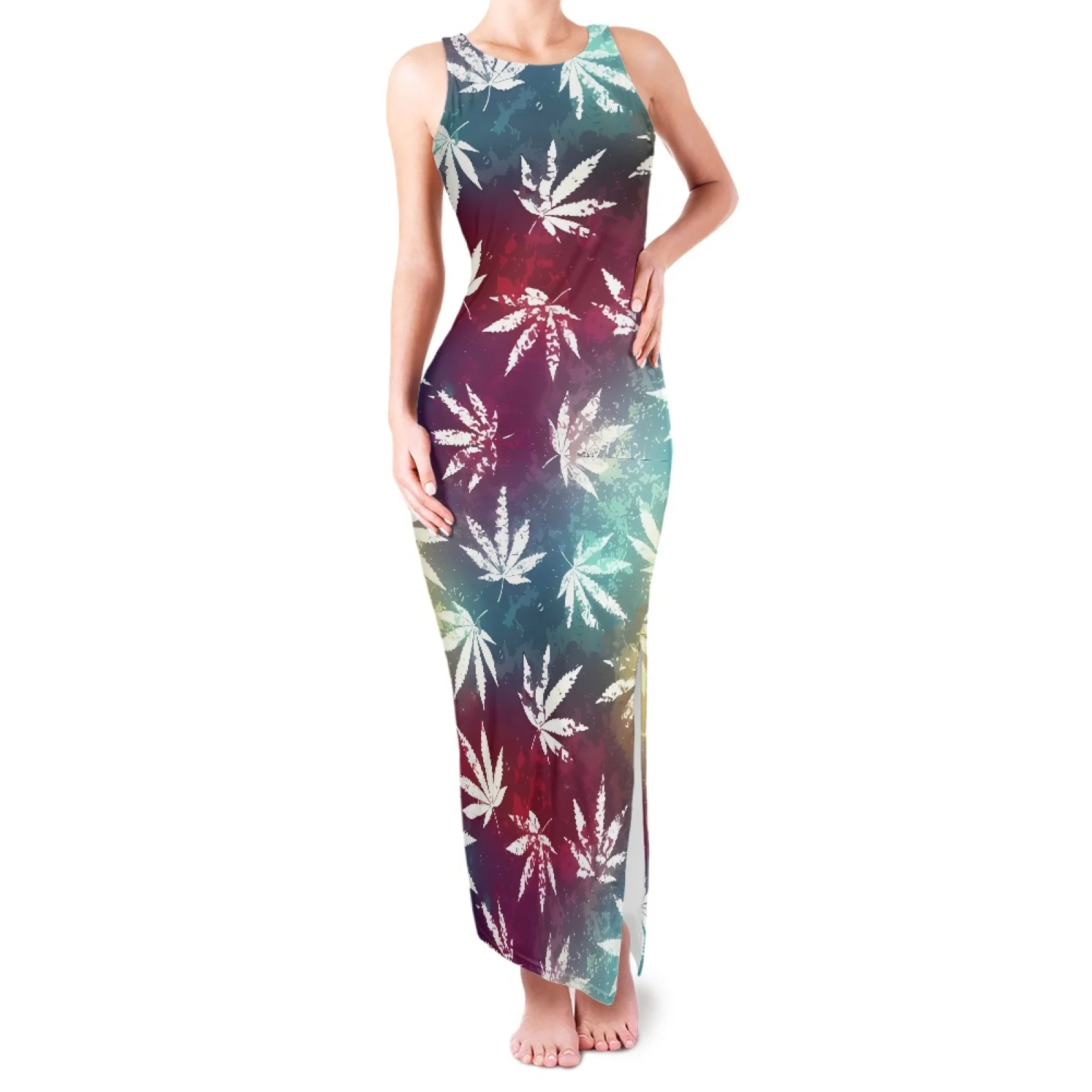 Luxury Sleeveless Side Split Evening Bandage Dress Bodycon Polynesian Puletasi Leaves Pattern Formal Occasions Tank Maxi Dress