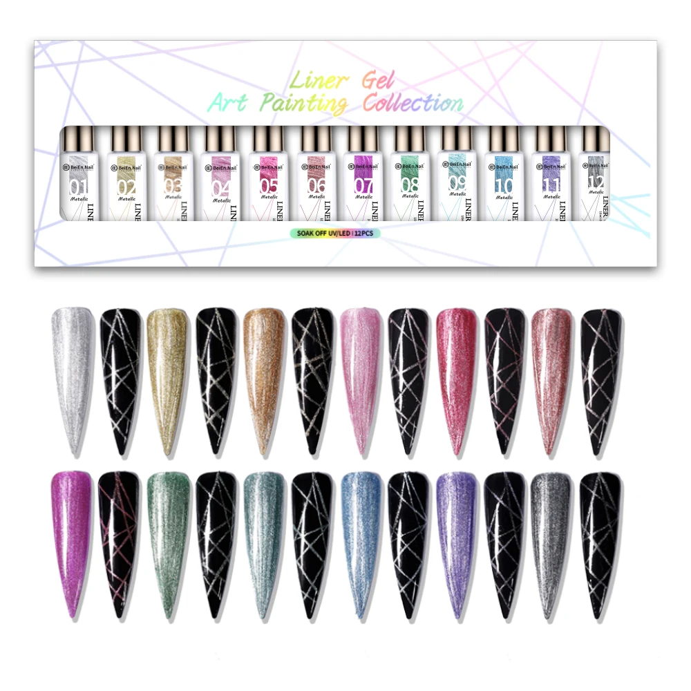 BeiEn Private Label Logo OEM&ODM 12 Color Silver Gold High Pigment UV/LED Nail Art Gel Metallic Painting Liner Gel Polish Set