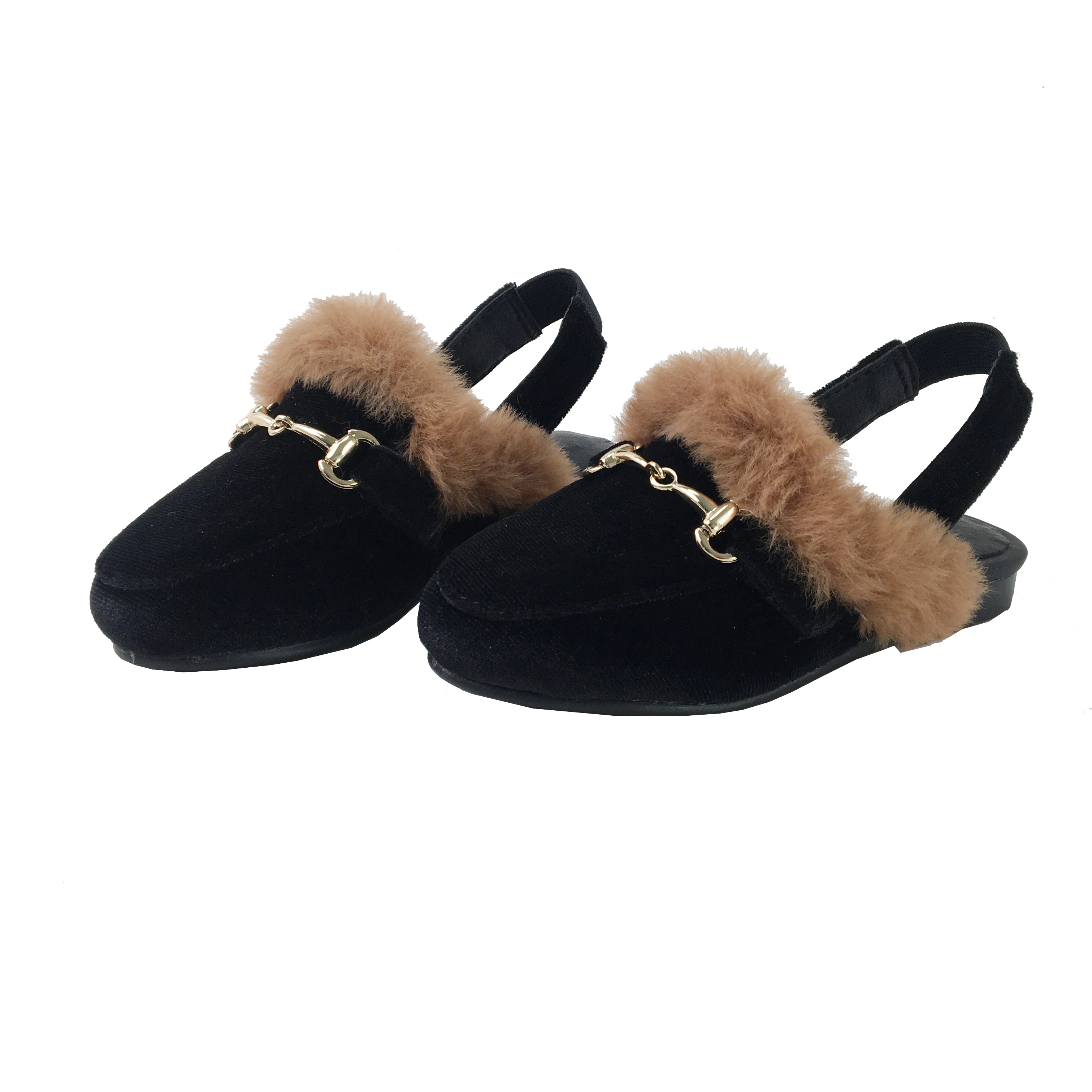 Black Velvet Winter Girls Loafer Shoes with Gold Chain Front Flats Children Slingback