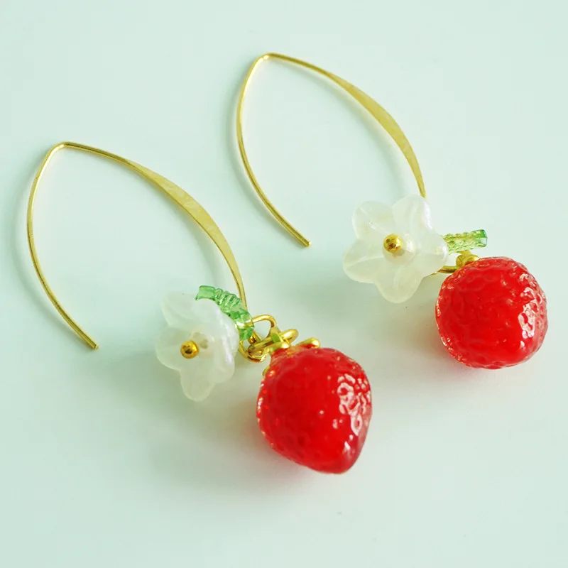 Food Gift for Her - 3D Handmade Summer Fruit Theme Glass Beads Dangle Drop Earrings for Women Red Strawberry Cluster Earrings