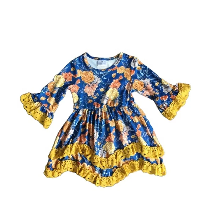 baby girls   fall winter navy floral  ruffle  knee length girls dress