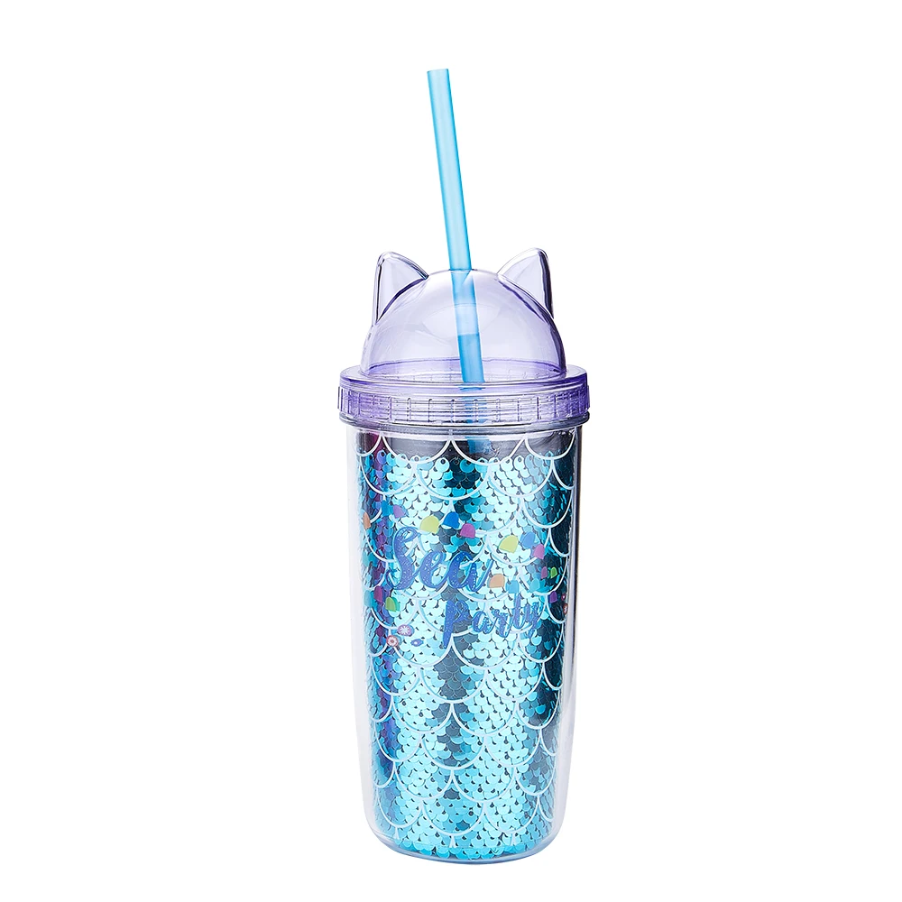 
Wholesale products custom clear reusable drinking double wall glitter cat ear plastic drinking cup with straw 