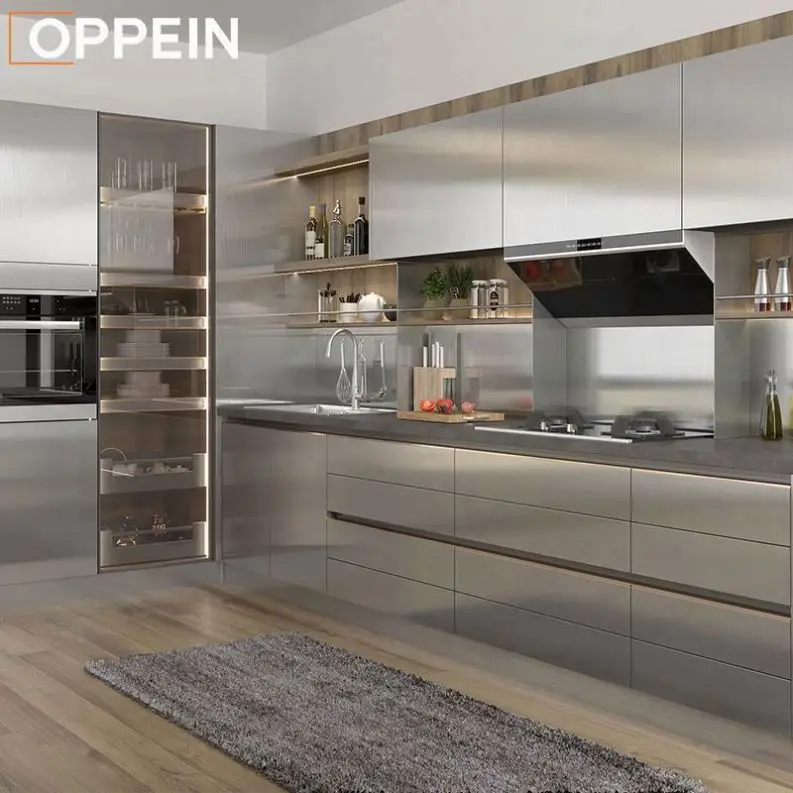 OPPEIN Professional Modern Smart Prefab U Shape Full Complete Integral Aluminum Alloy Stainless Kitchen Cabinets