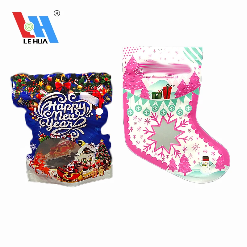 Food Grade aluminium foil stand up pouch with window food plastic gift  Red And Green Children Christmas Tree Pendant Candy Bag