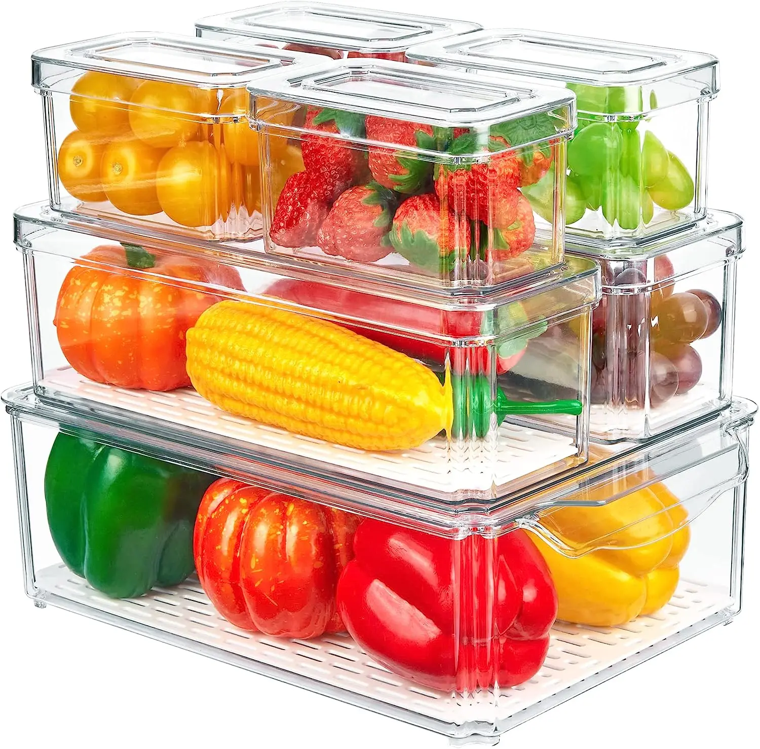 7pcs Stackable Refrigerator Storage Organizer Bins set with Lids  Drain Tray