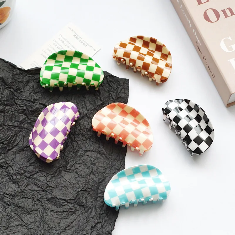 GIRLIZE 5/7.5/8.5/9.5/10.5cm Korean Large Colorful Geometric Checkered Hair Claw Small PVC Plastic Acrylic Claw Clip For Women