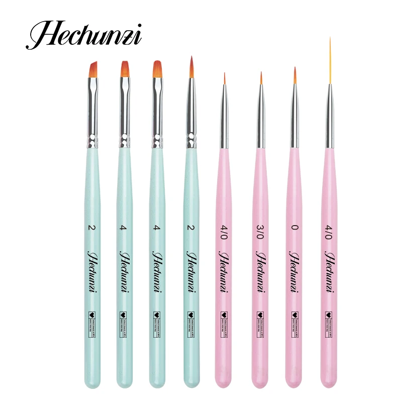 Hechunzi Pink Blue Nylon Nail Art Gel Brushes 8pcs set Short Birch Wood Handle Nail Art Liner Brushes Professional