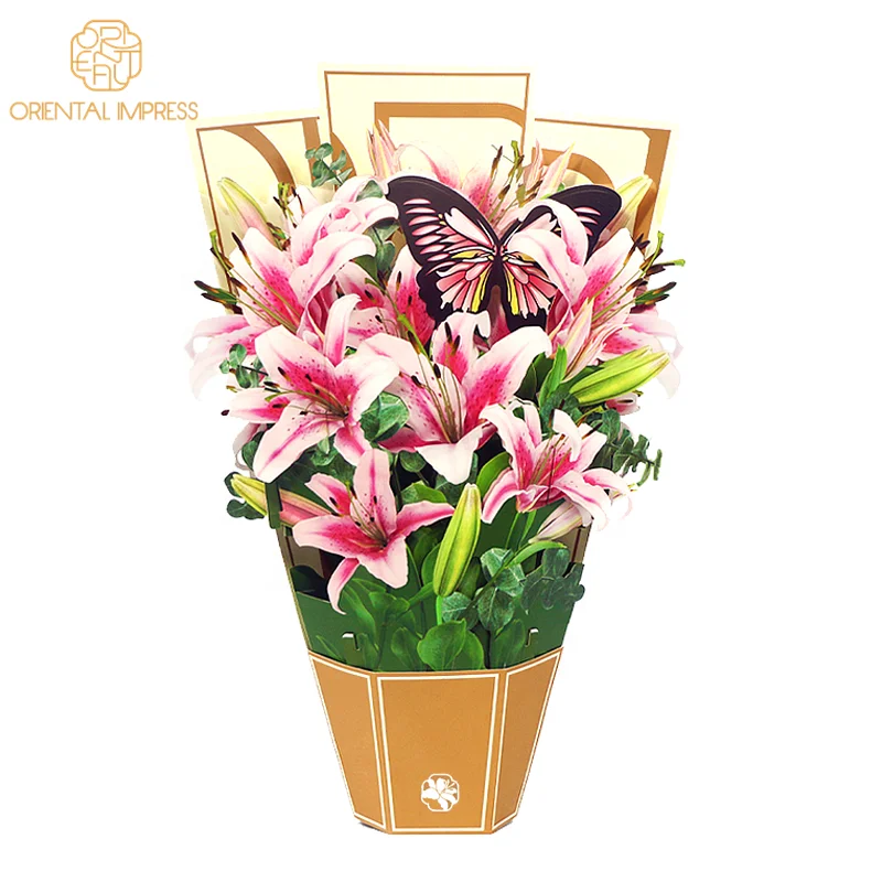 Paper Large Size Pop Up Lily Cards Forever Flower Bouquet with Butterfly Card and Envelope