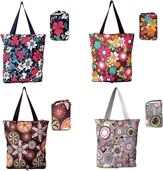 4 Pack Lightweight Foldable Kitchen Reusable Grocery Bags Floral Designs with Zipper Folding Shopping Tote Bags