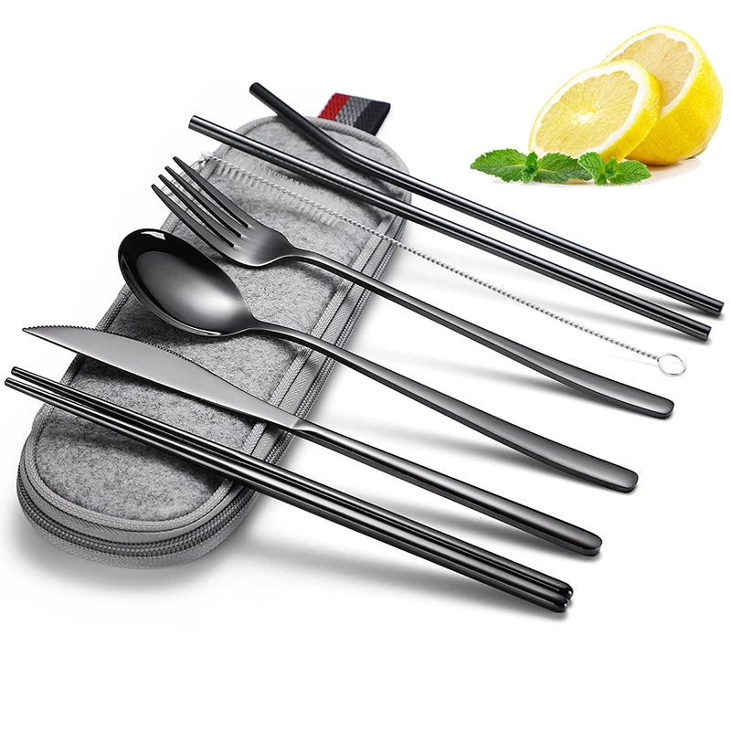 Camping Outdoor Stainless Steel Travel Cutlery Set with Knife Fork Spoon and Metal Straws