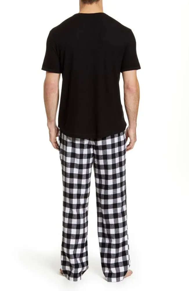 
MGOO Custom Crewneck Cotton Polyester Flannel Short Sleeves Men Plaid Night Pajama Set 