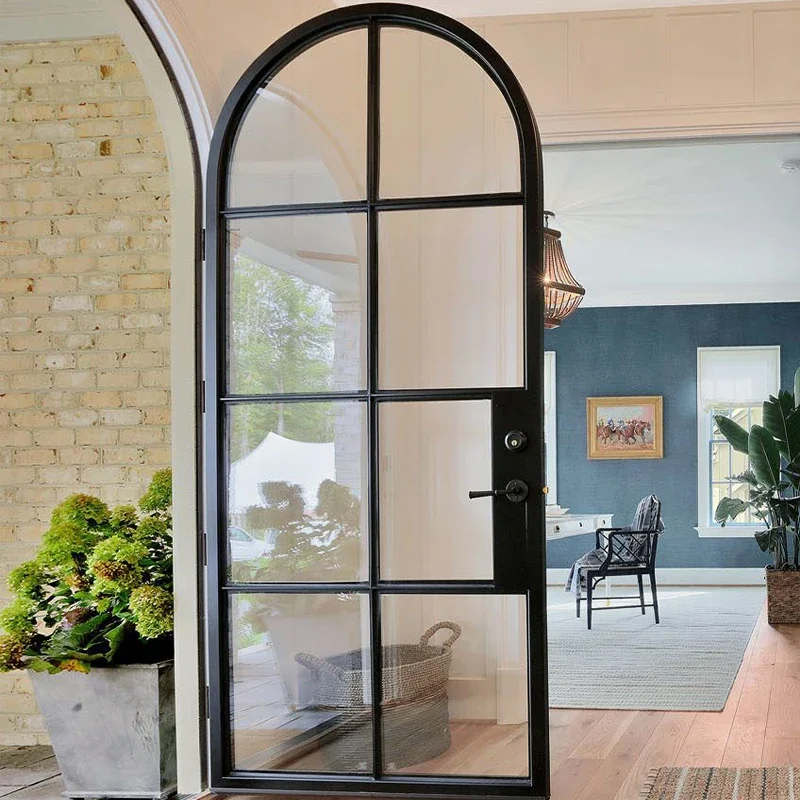 Reliable Quality Custom  Size Design Wrought Iron Arched Glass Door with Decorative Grilles