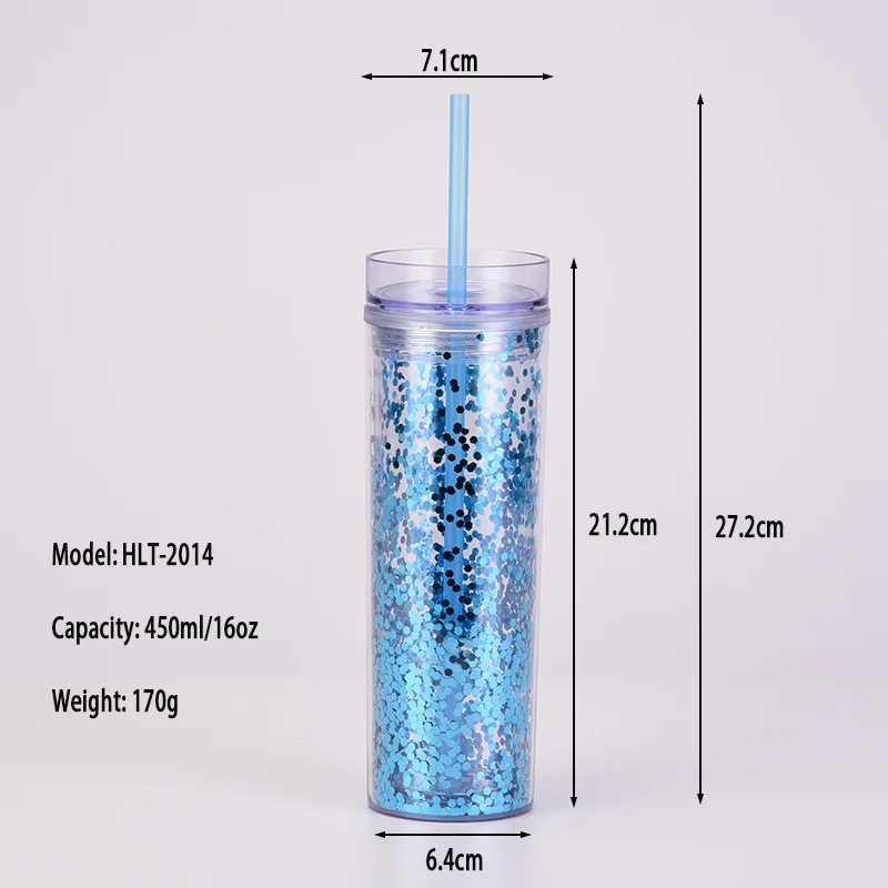 European and American popular fashion boutique transparent sequins double layer thickened and fall resistant plastic cups 450ml