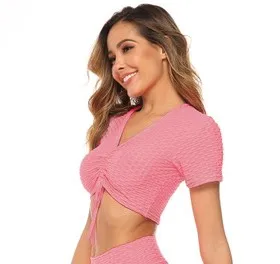 Spandexy Yoga Top,straps Front Drawstring Yoga Bra Wholesales Sexy Active Wear, Custom Blank Bubble Polyester Women Yoga Top