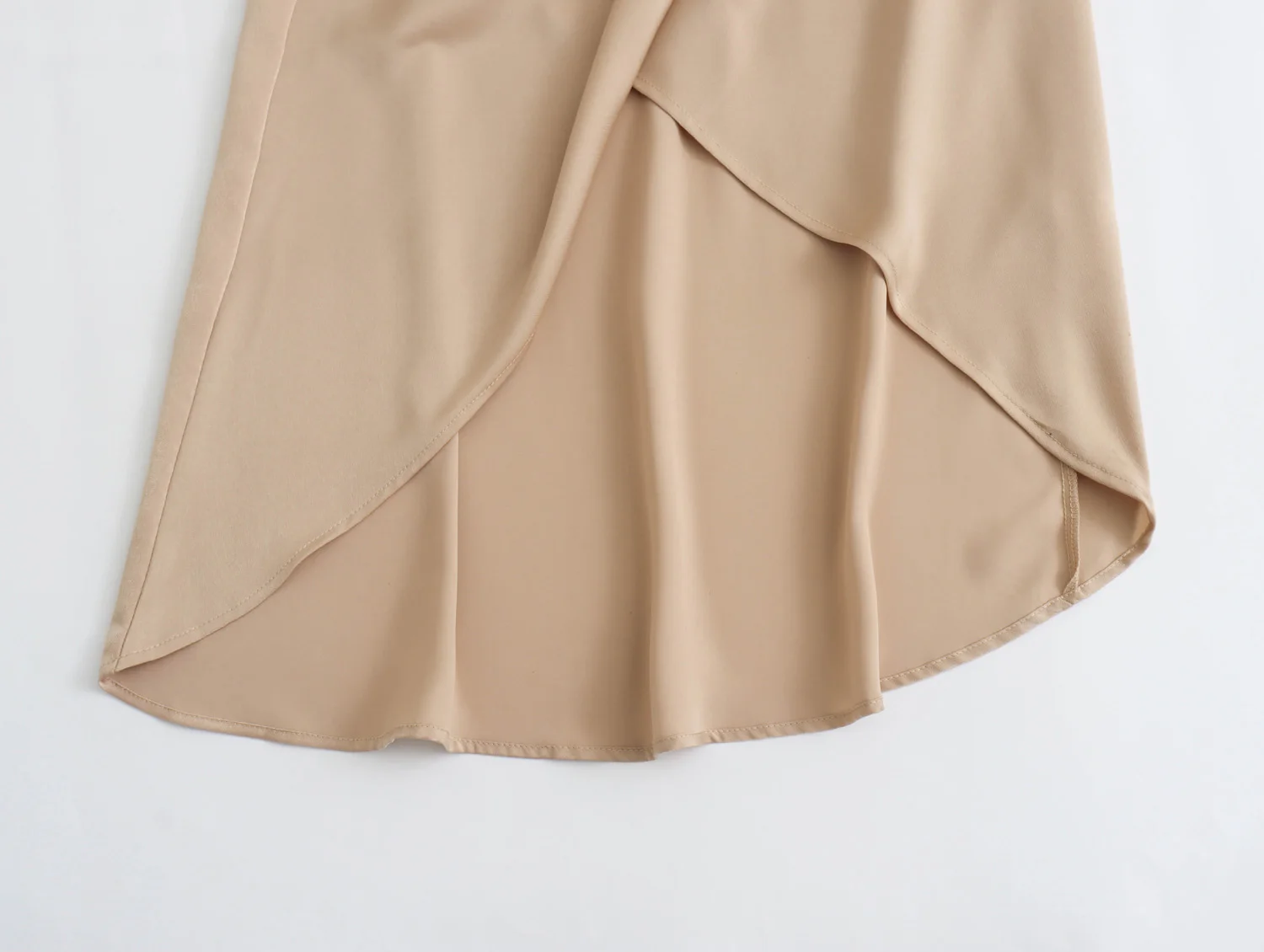 V neck long wide sleeve khaki color front slit pleated casual fashion mini dress for women