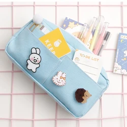 Canvas Pencil Case Cute Animal Badge Pink Pencil Case Large School Pencil Bag Stationery Supplies
